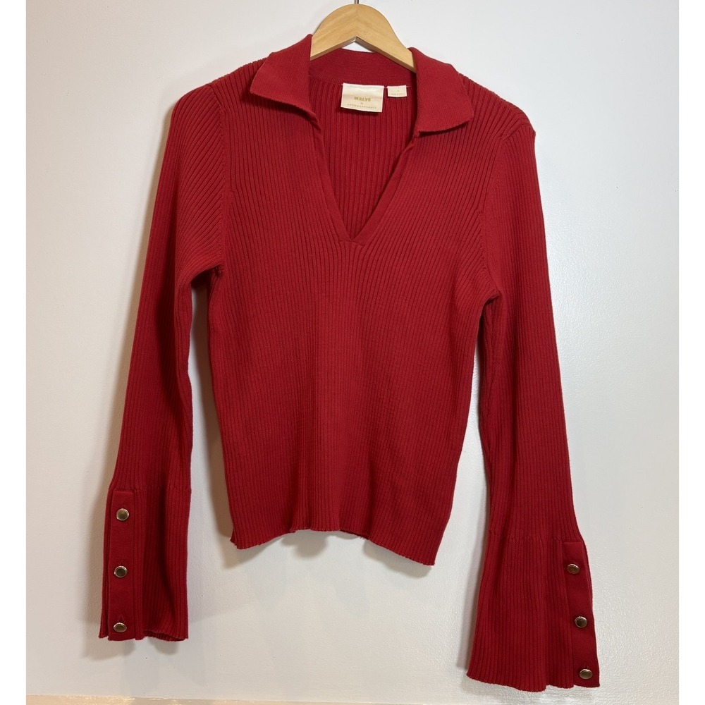 Maeve Anthropologie Red Ribbed Knit V-Neck Polo Sweater Bell Sleeve Gold 1X